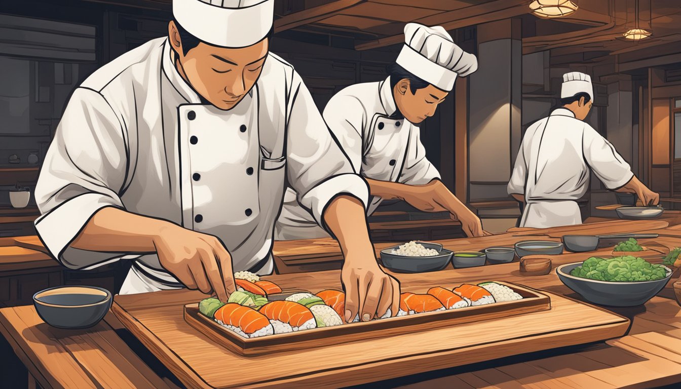 A chef carefully prepares fresh crab roe sushi, delicately placing each piece on a wooden serving board. The vibrant colors and intricate details of the dish are highlighted in the soft lighting of the traditional Japanese restaurant