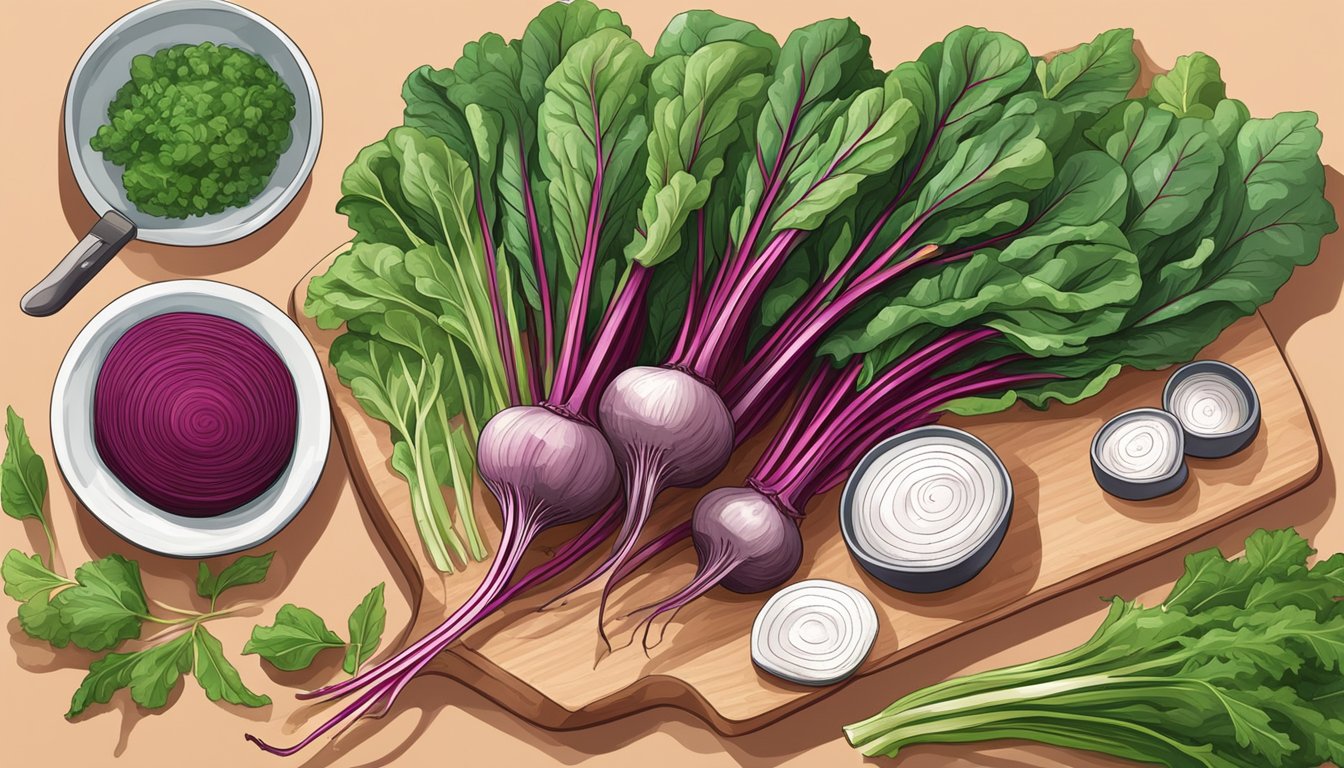 A vibrant bunch of beet greens arranged on a cutting board, surrounded by various kitchen utensils and ingredients for cooking