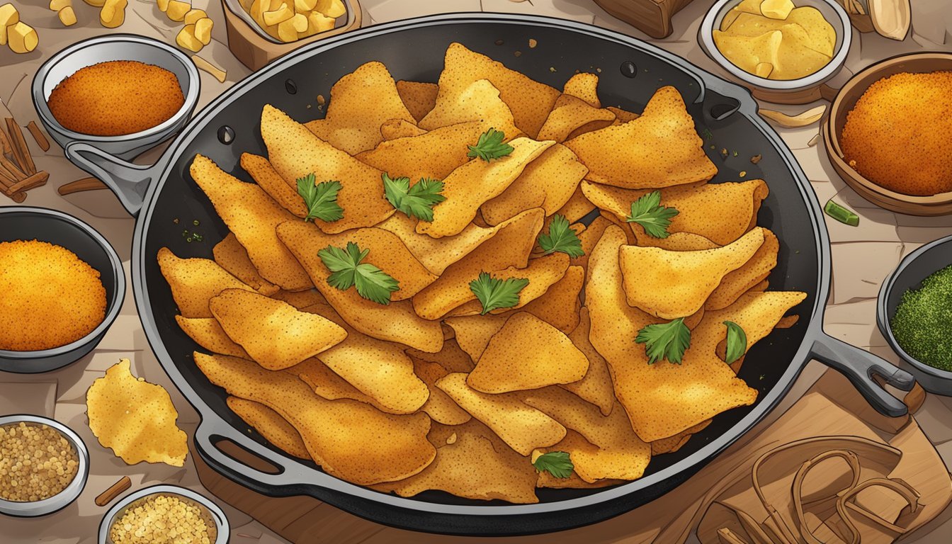 Golden chicken skin chips sizzling in a hot skillet, surrounded by a variety of seasonings and spices