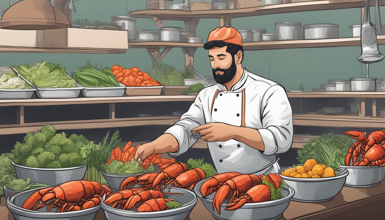 A chef carefully selects fresh lobster, vegetables, and herbs from a market stall, preparing to make flavorful lobster head soup from scratch