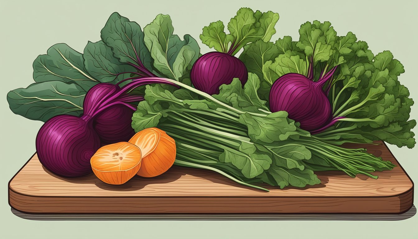 Beet greens arranged with other fresh vegetables on a cutting board