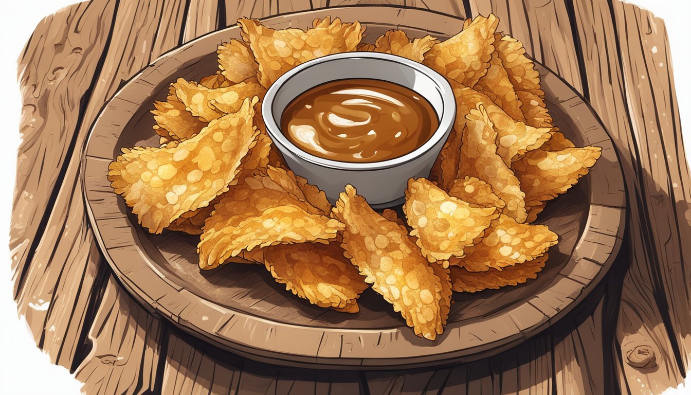 A plate of golden-brown chicken skin chips arranged with a sprinkle of salt and a side of dipping sauce, served on a rustic wooden board