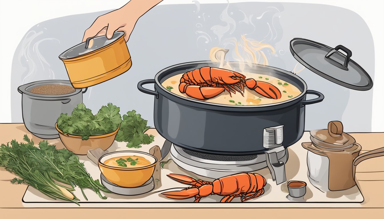 A large pot on a stove, filled with simmering lobster heads and aromatic ingredients being blended to create a creamy, flavorful soup