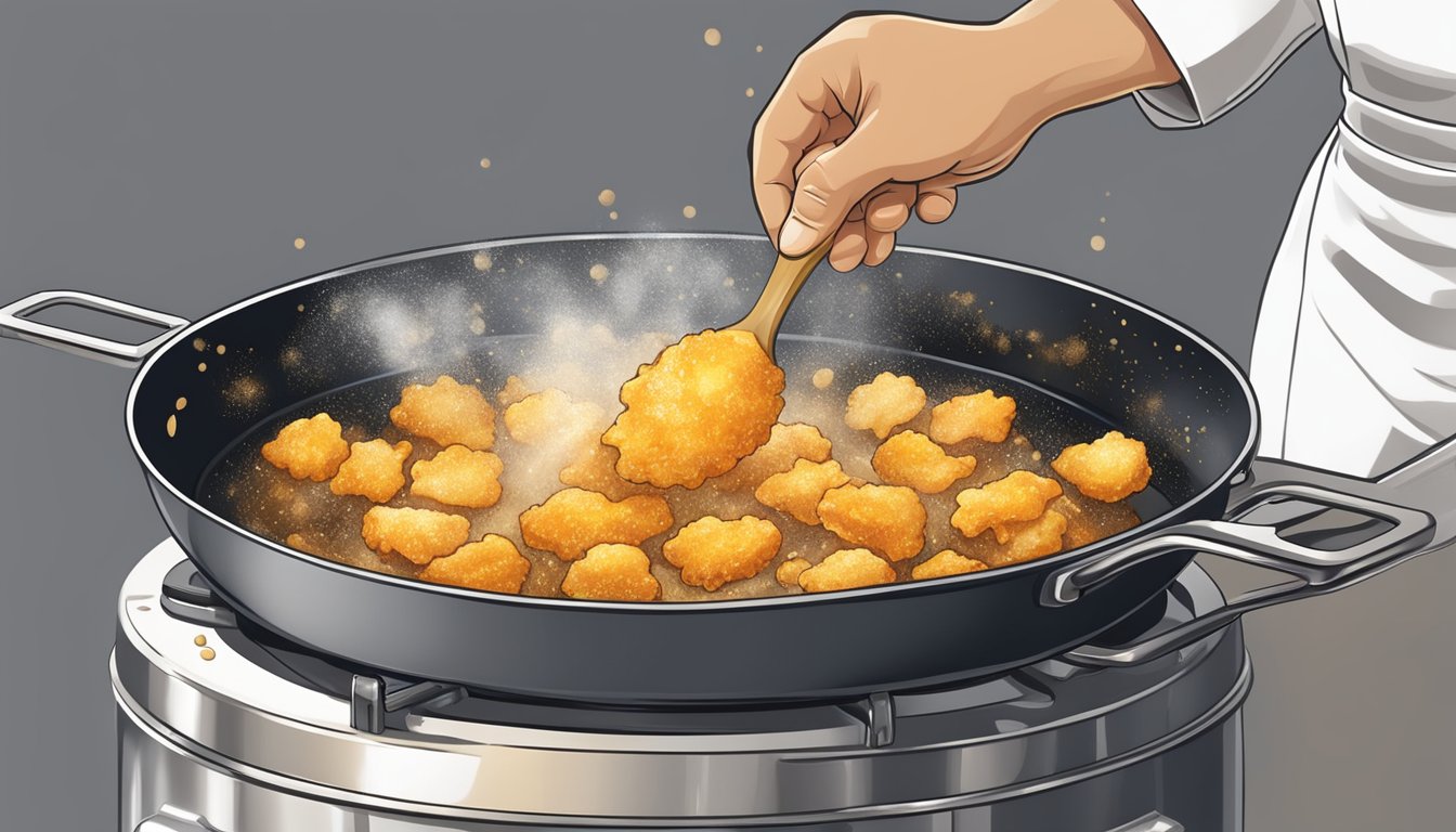 A chef frying chicken skin in bubbling oil until golden and crispy