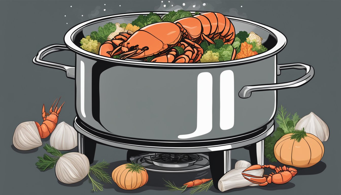 A large pot simmering on a stove, filled with lobster shells, vegetables, and herbs. Steam rising as the flavorful broth cooks