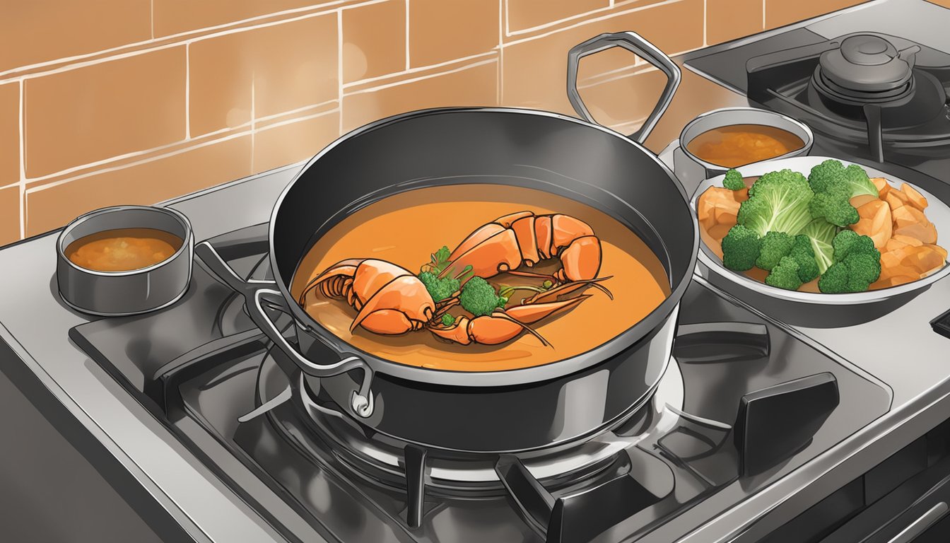 A pot simmering on a stove, filled with leftover lobster shells, aromatic vegetables, and rich broth, creating a luxurious lobster bisque