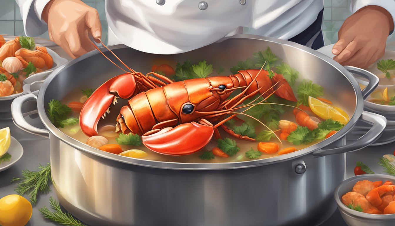 A chef carefully simmers lobster heads and shells in a pot with aromatic vegetables and herbs to create a rich and flavorful lobster head soup