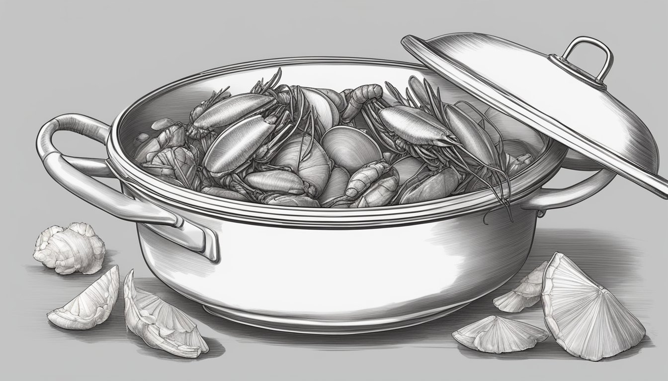 A pot of simmering lobster shells infusing flavors with aromatic ingredients for luxurious bisque