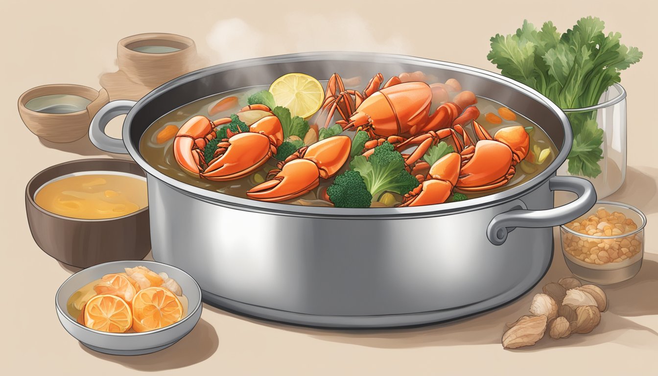 A simmering pot of lobster shells, vegetables, and broth, infusing the air with the rich aroma of a luxurious bisque in the making