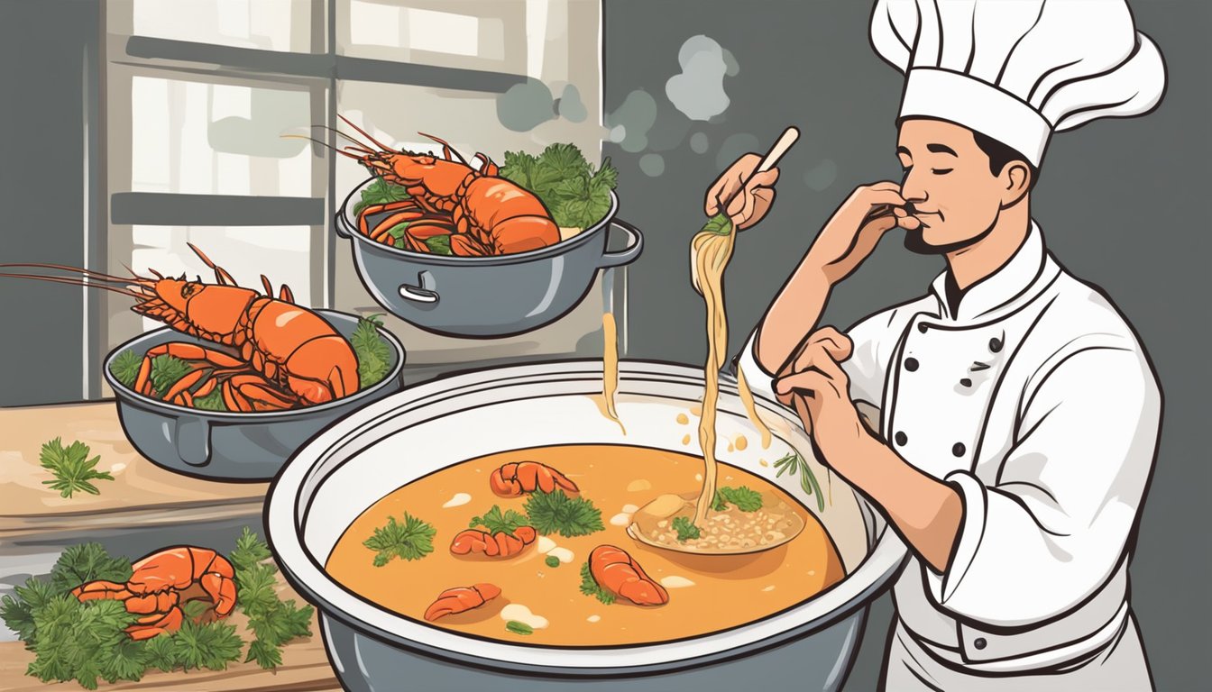 A pot simmering with lobster shells, herbs, and stock. A chef stirring and tasting the rich, creamy bisque