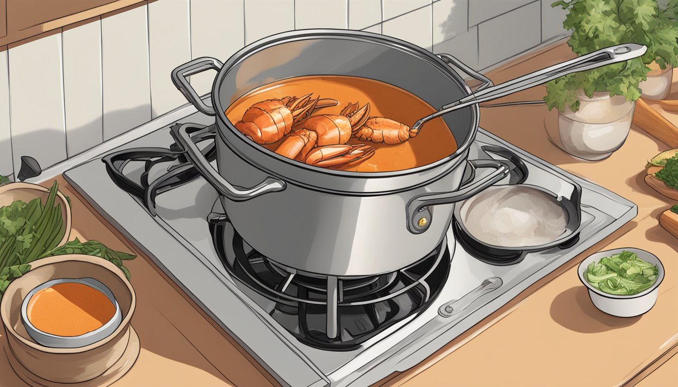 A pot simmering on a stove, filled with leftover lobster shells, aromatic vegetables, and rich broth, creating a luxurious lobster bisque