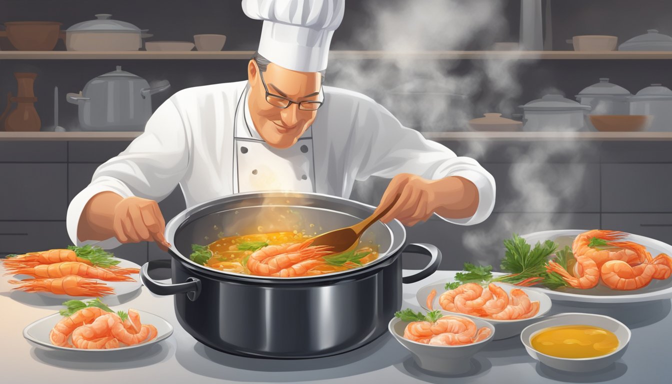 A chef carefully simmers shrimp heads in a pot of oil, infusing it with rich flavor. The kitchen is filled with the aroma of seafood