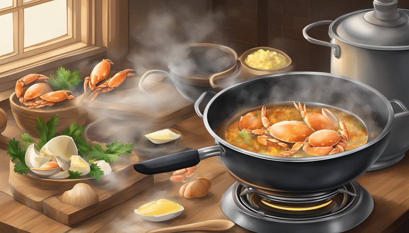 A steaming pot of crab shells and butter simmering on a stove, with a mortar and pestle nearby for grinding the flavorful tomalley