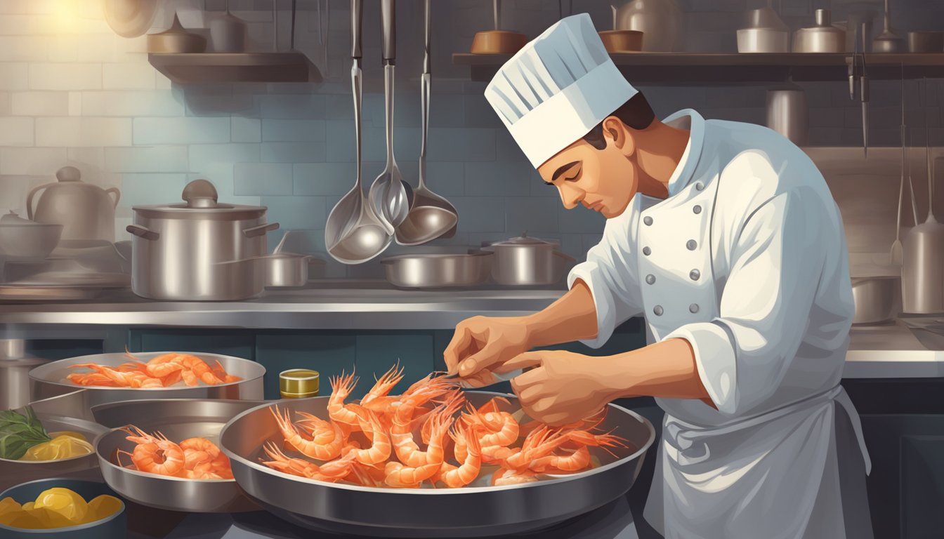 A chef carefully selects and prepares shrimp heads, extracting flavorful oil for cooking