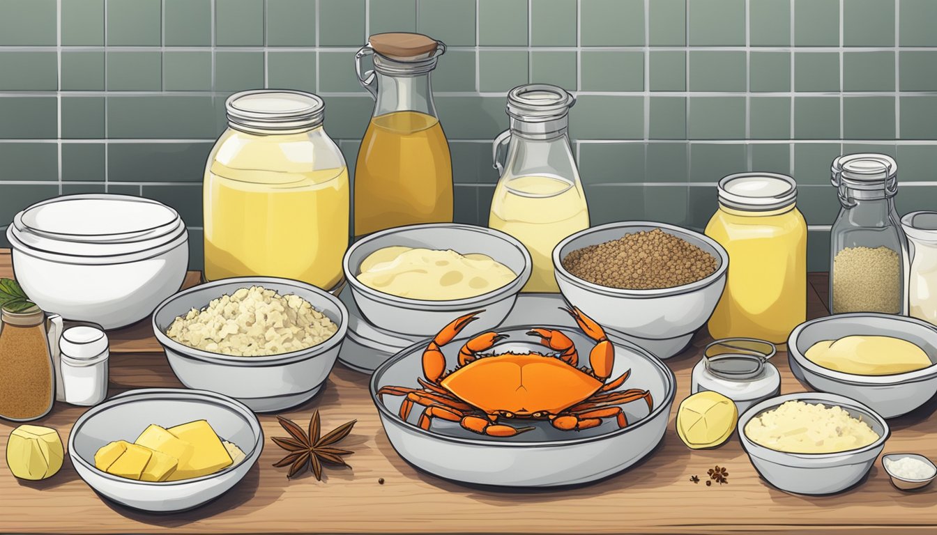 A clean, organized kitchen counter with fresh crab, butter, and various spices laid out for making tomalley butter from scratch