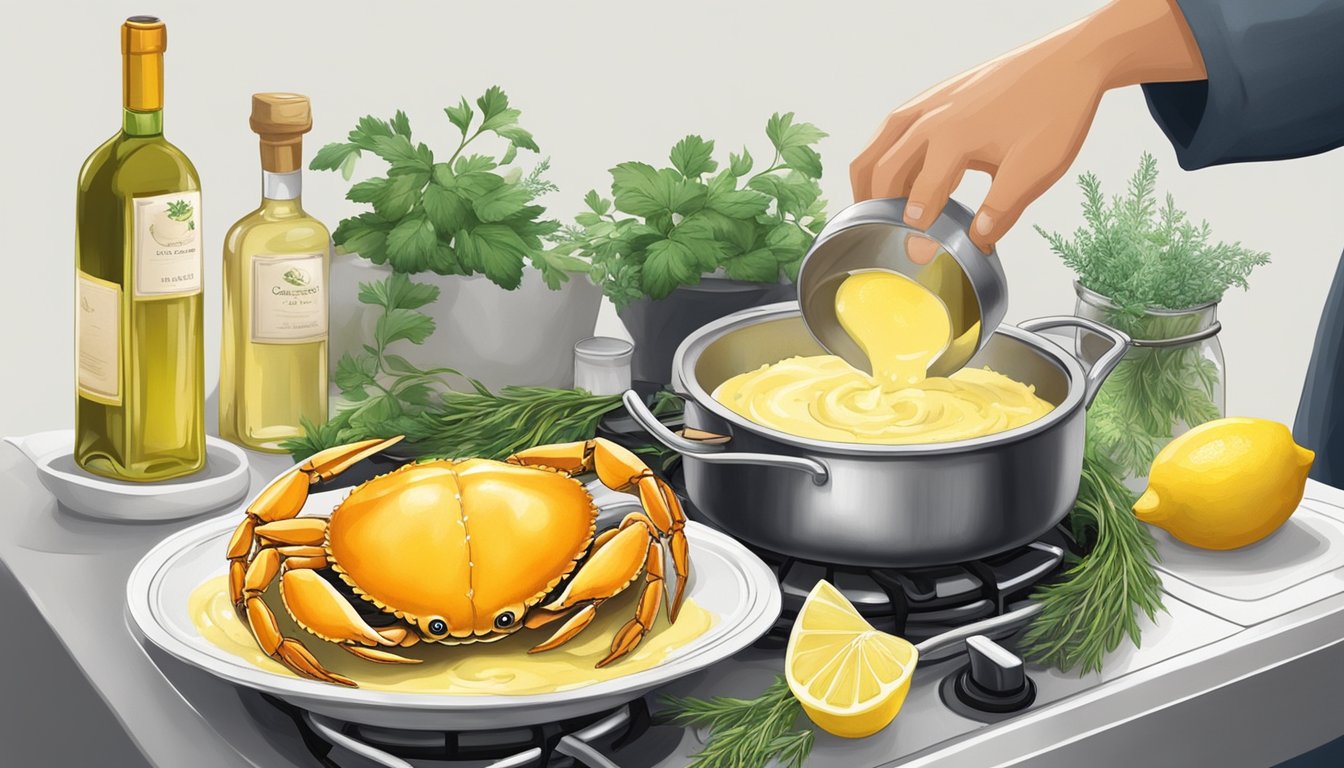 A chef's hand swirls a pot of golden crab tomalley butter on a stovetop, surrounded by fresh herbs, lemons, and a bottle of white wine