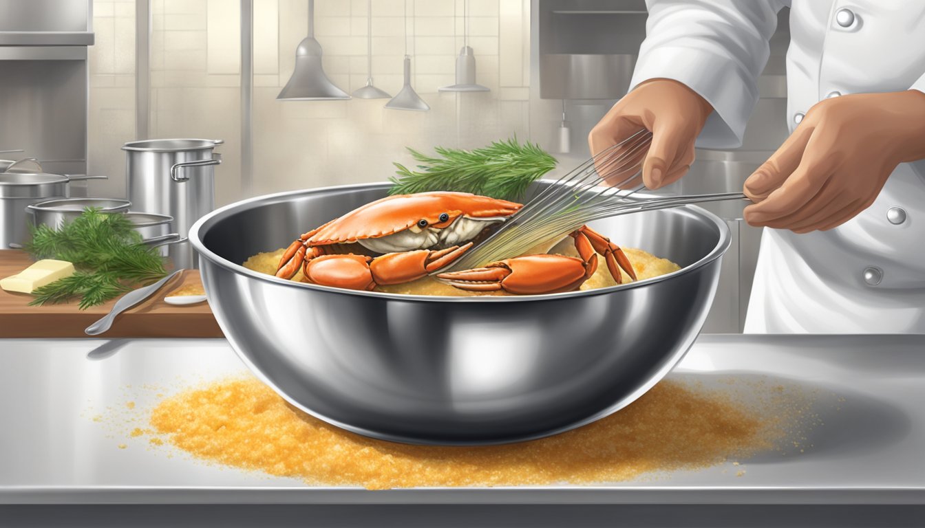 A chef whisking together fresh crab tomalley, butter, and seasonings in a stainless steel bowl