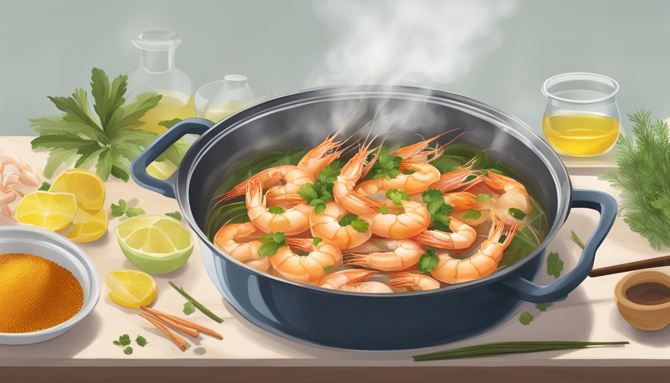 A simmering pot of shrimp heads releasing fragrant oil, with aromatic spices and herbs being added for flavor