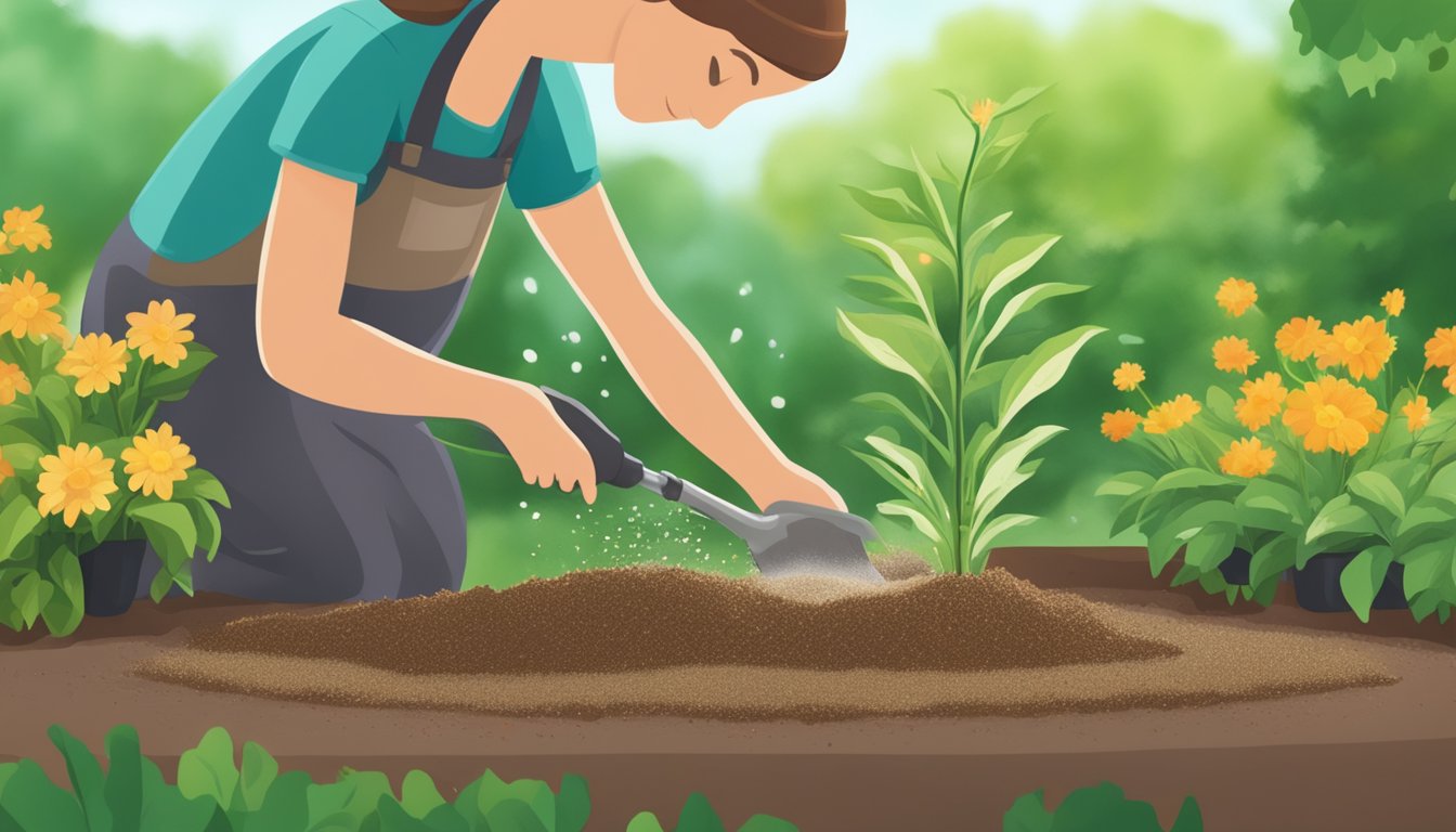 A gardener sprinkles bone meal fertilizer around the base of a healthy, thriving plant. The plant's leaves are lush and green, and the soil looks rich and nourished