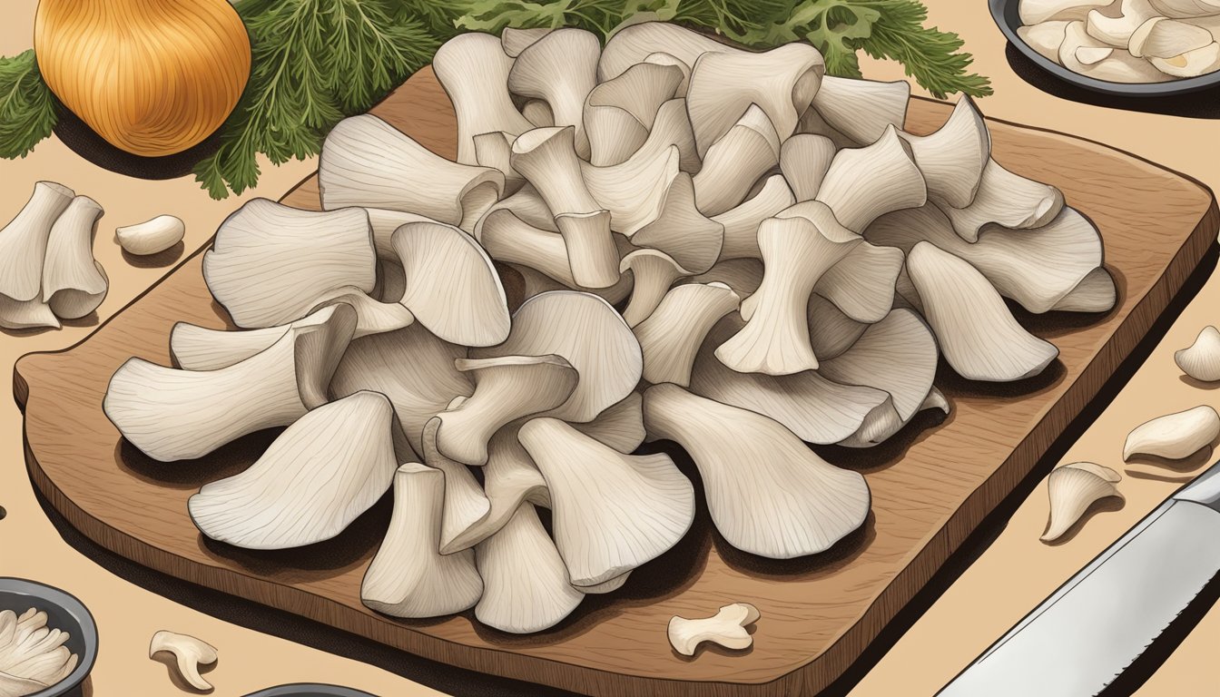 Oyster mushrooms being sliced and seasoned on a cutting board, then laid out on a baking sheet before being placed in the oven