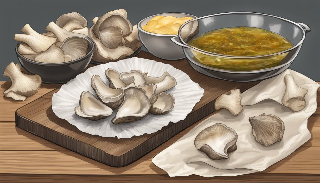 A cutting board with sliced oyster mushrooms, a bowl of marinade, and a baking sheet lined with parchment paper