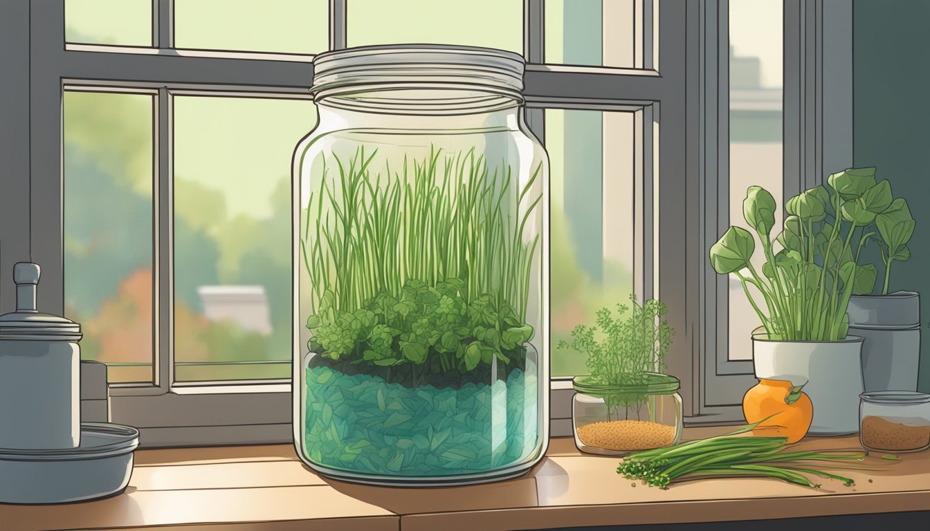 A glass jar on a windowsill, filled with water and sprouting scallion scraps. Nearby, other vegetable scraps are arranged for regrowth