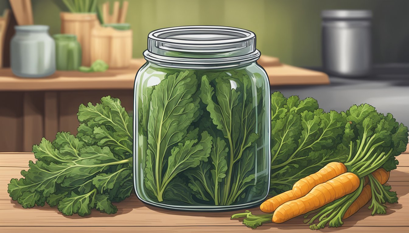 A bunch of fresh kale stems arranged next to a jar of pickles, with a nutrition label in the background