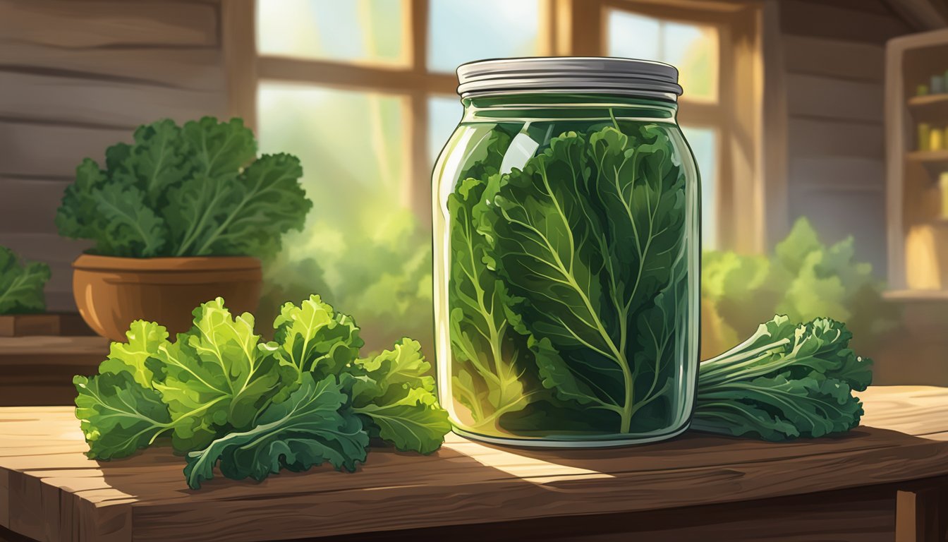 A jar of kale stem pickles sits on a rustic wooden table, surrounded by fresh kale leaves and vibrant green stems. A ray of sunlight highlights the jar, casting a warm glow over the scene