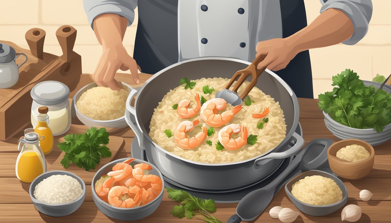 A chef stirring creamy shrimp head risotto in a large pot, surrounded by fresh ingredients and cooking utensils on a wooden kitchen counter