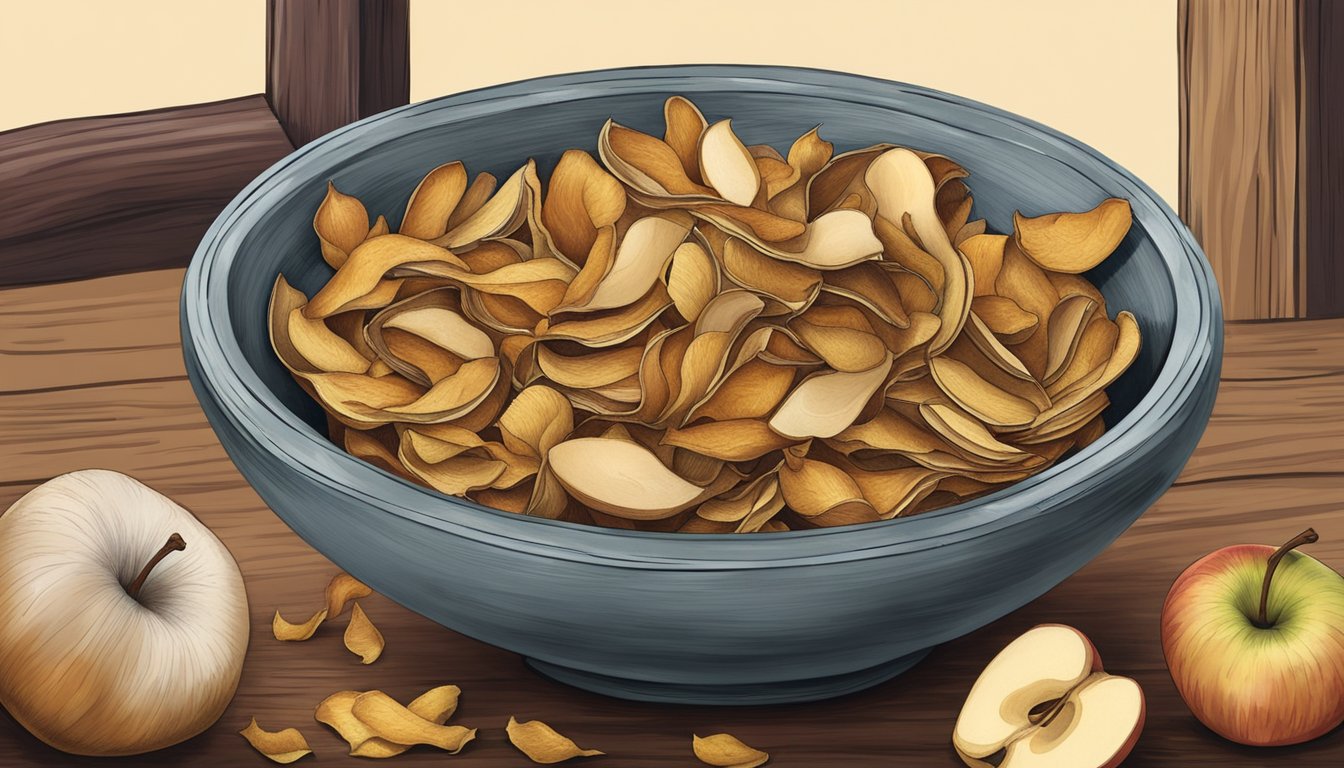 A decorative bowl filled with dried apple peels, surrounded by rustic home decor accents