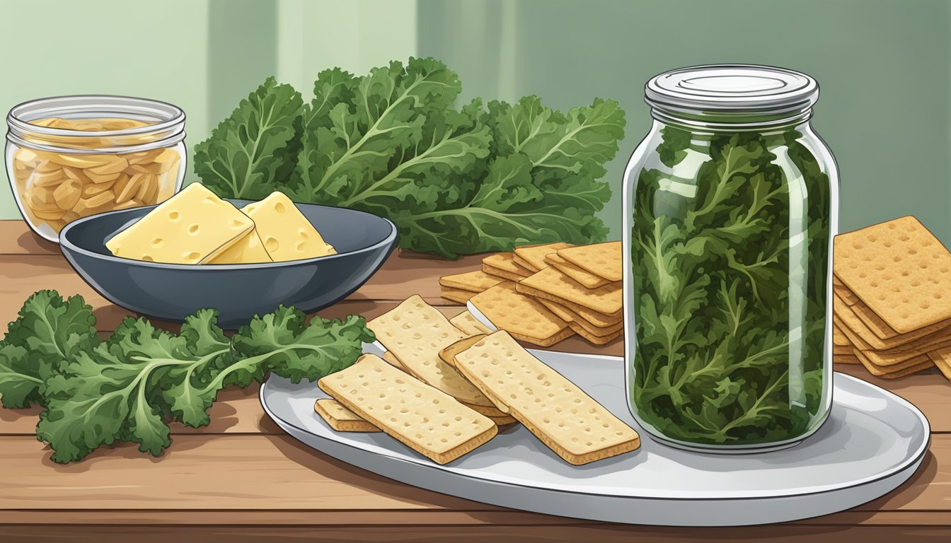 A jar of kale stem pickles surrounded by fresh kale leaves and a serving platter with crackers and cheese