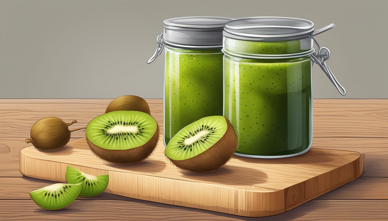 A kiwi peel chutney being prepared with fresh kiwis and spices on a wooden cutting board