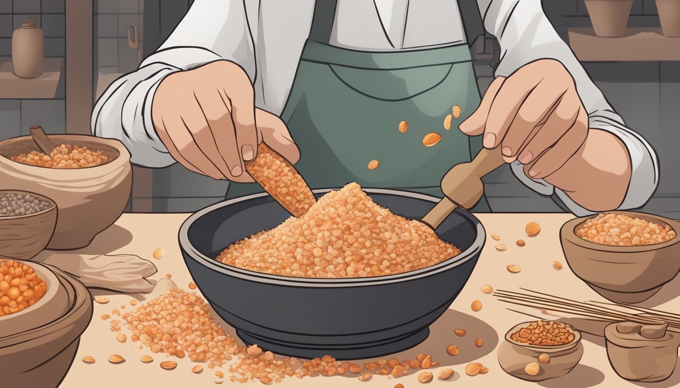 A person grinding dried shrimp shells into fine powder using a mortar and pestle