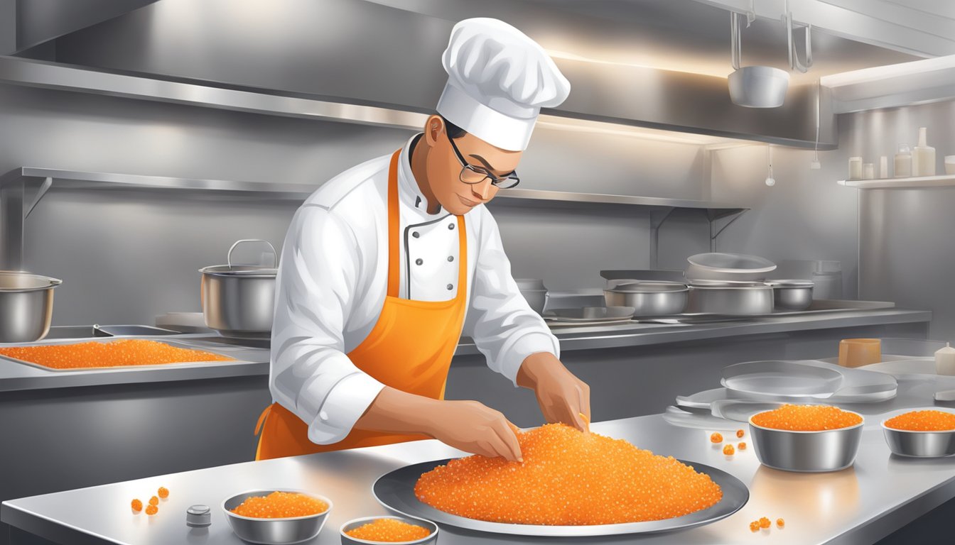 A chef carefully extracts vibrant orange crab roe from freshly prepared crab meat