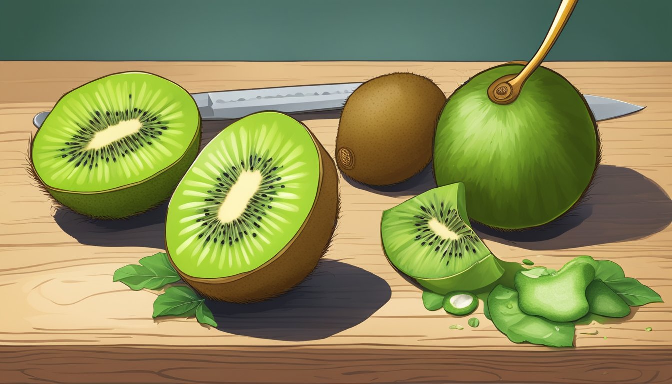 A ripe kiwi fruit being peeled, with the discarded peel being used to make a vibrant green chutney