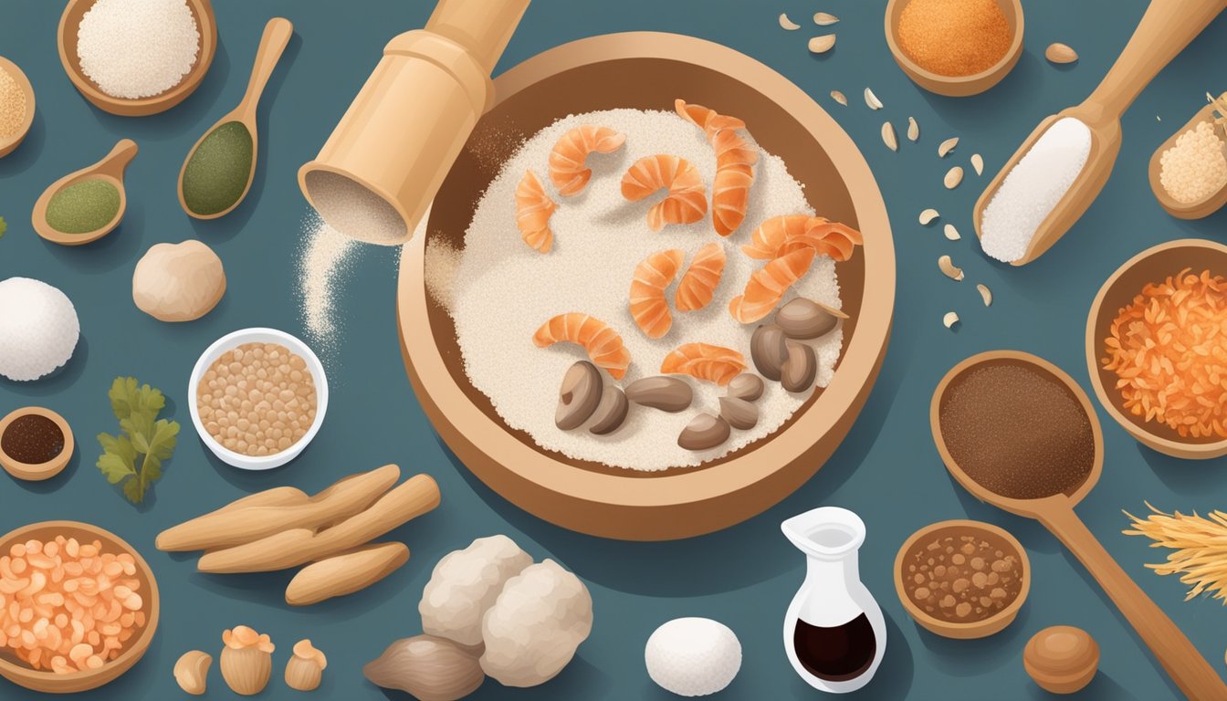 A chef grinds dried shrimp shells into a fine powder using a mortar and pestle, surrounded by various umami-rich ingredients like mushrooms and soy sauce