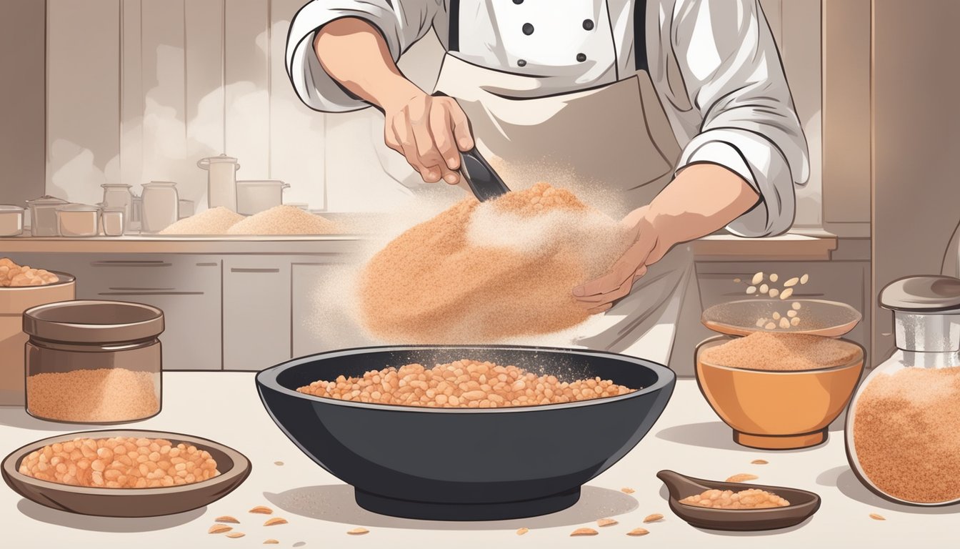 A chef grinds dried shrimp shells into a fine powder using a mortar and pestle, creating nutrient-dense shrimp shell powder for modern cuisine