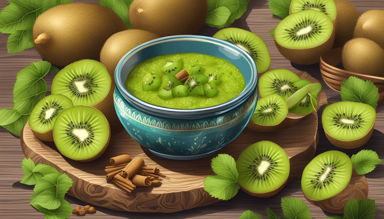 A colorful bowl of kiwi peel chutney surrounded by fresh kiwi fruits and a variety of spices