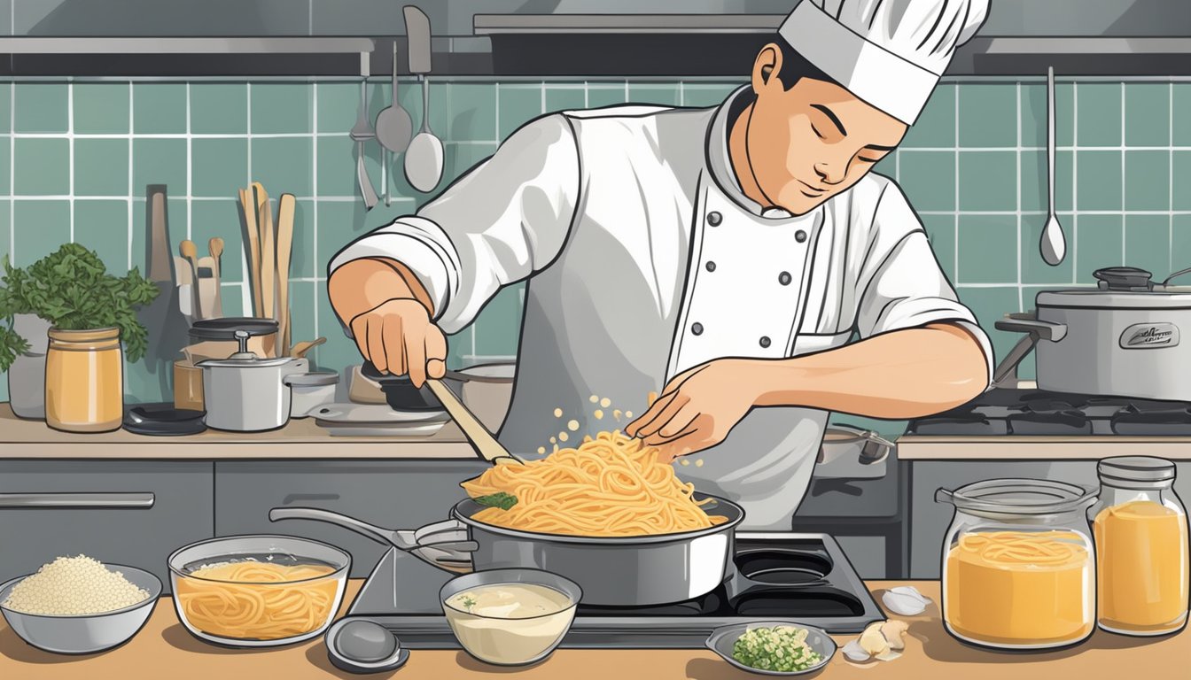 A chef stirs a pot of creamy crab roe pasta sauce on a stovetop. Ingredients like butter, garlic, and fresh crab roe are laid out on the counter