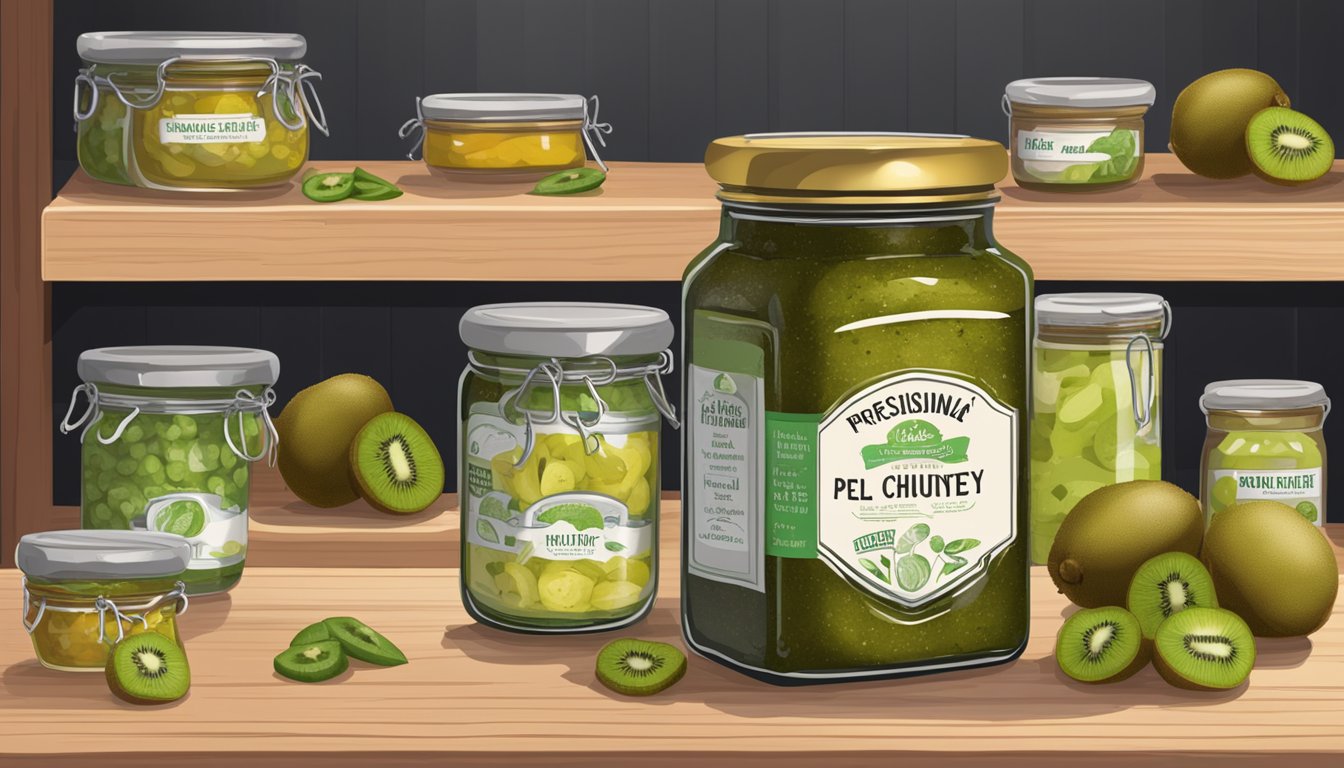 A jar of kiwi peel chutney sits on a wooden shelf, surrounded by other preserved condiments. The label on the jar indicates the product's shelf life