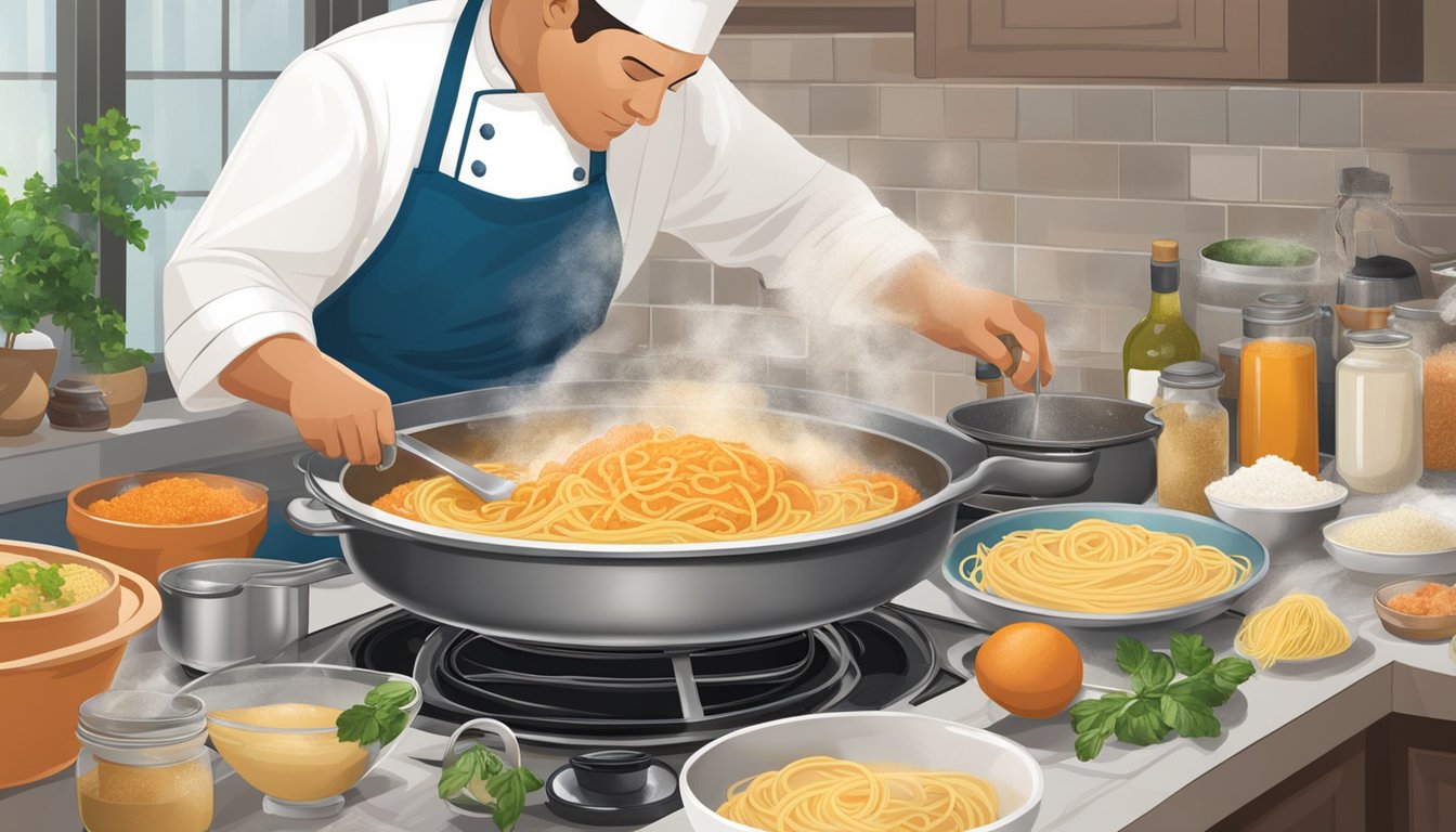 A chef carefully grates fresh crab roe into a simmering pot of creamy pasta sauce, surrounded by bowls of ingredients and steam rising from the stove