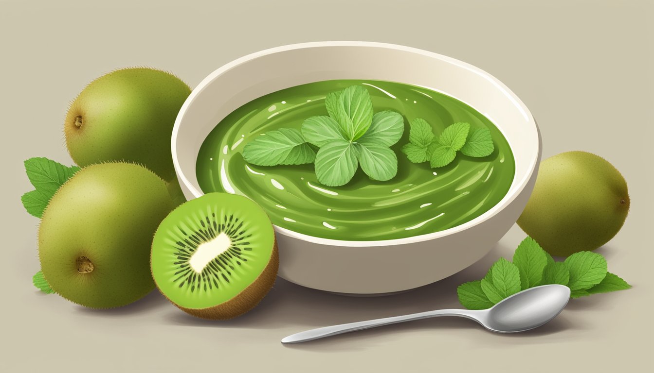 A bowl of kiwi peel chutney surrounded by fresh kiwi fruits and a sprig of mint