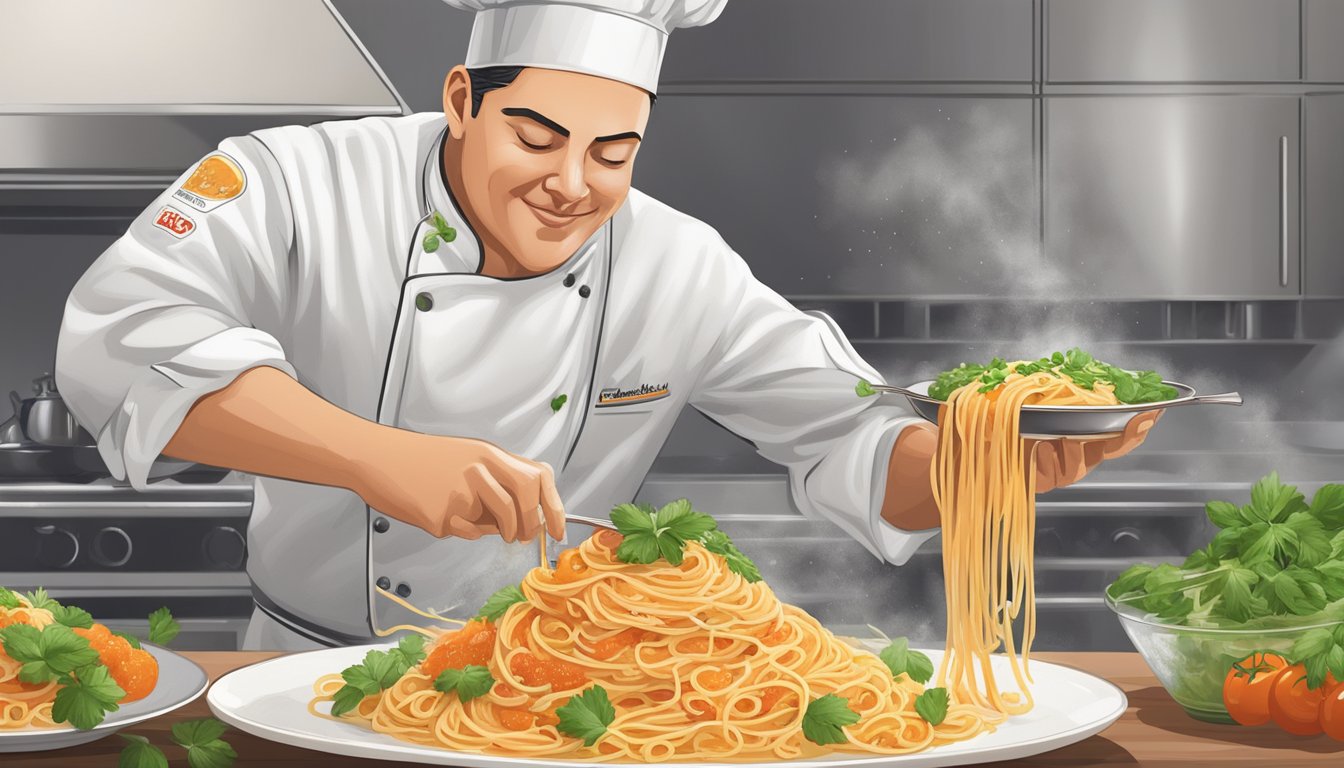 A chef elegantly drizzles homemade crab roe pasta sauce over a bed of al dente spaghetti, garnishing with fresh herbs and a sprinkle of parmesan