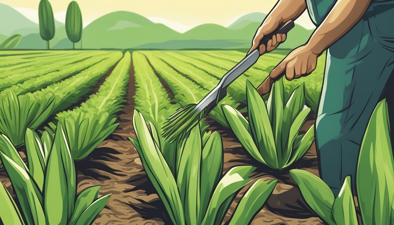 Lush green leek plants growing in rows in a sunlit garden. A farmer harvesting the mature leek greens with a sharp knife