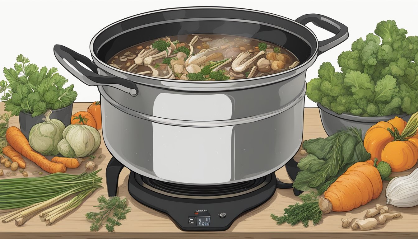 A large pot simmering on a stove, filled with bones, vegetables, and herbs. Steam rising as the nutrient-rich broth cooks