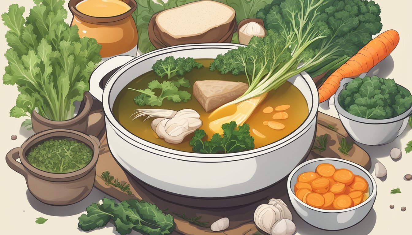 A pot of simmering bone broth with added vegetables, herbs, and supplements, surrounded by various nutrient-dense ingredients like kale, carrots, and fish oil