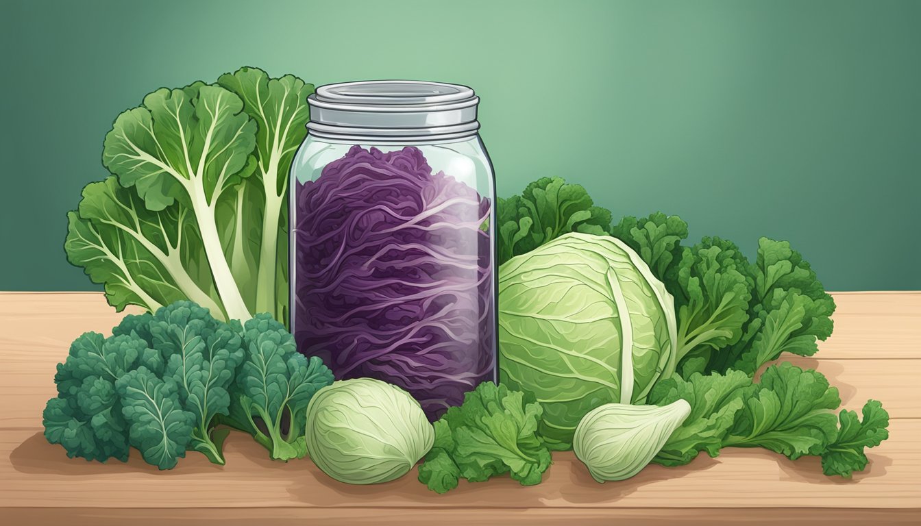 A glass jar filled with vibrant green kale stems and sauerkraut, surrounded by scattered cabbage leaves and a few whole cabbage heads