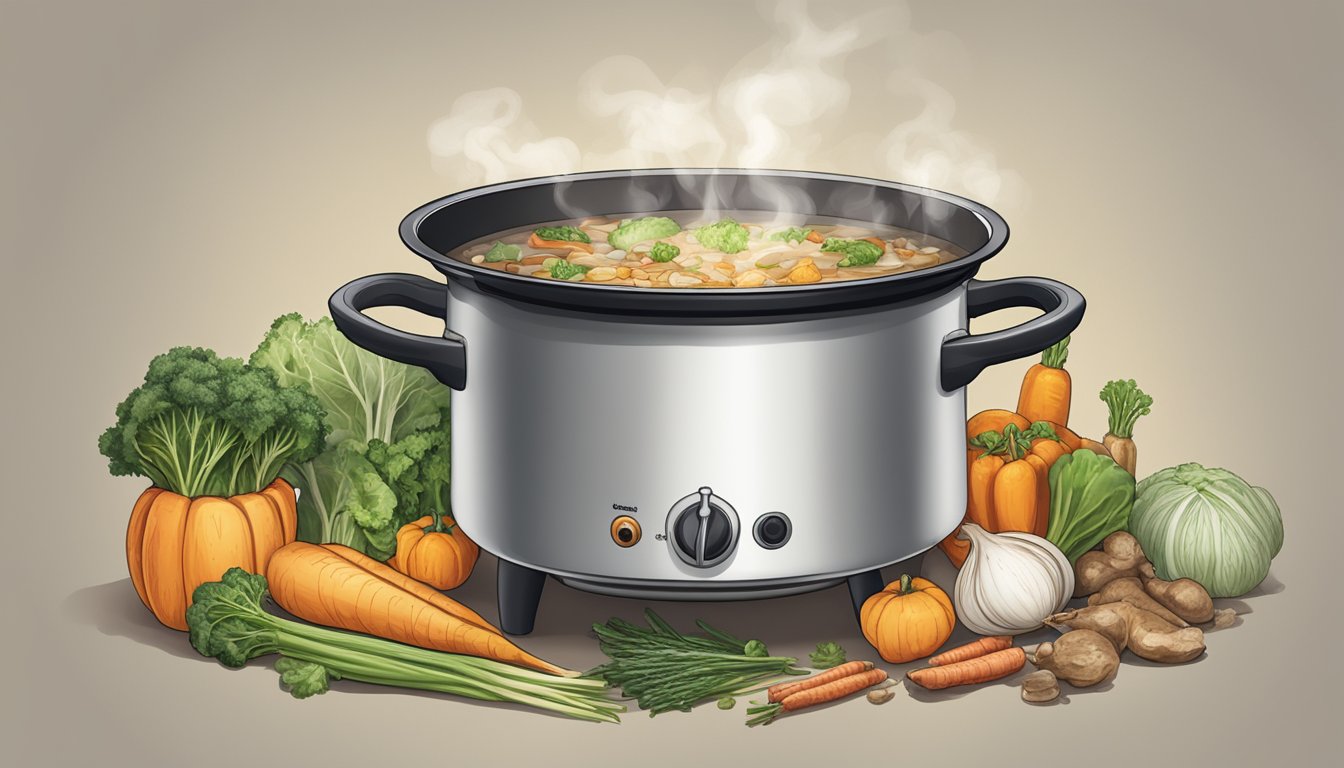 A large pot simmering on a stove, filled with bones, vegetables, and water. Steam rises from the pot as the ingredients cook together to create nutrient-dense bone broth for dog food