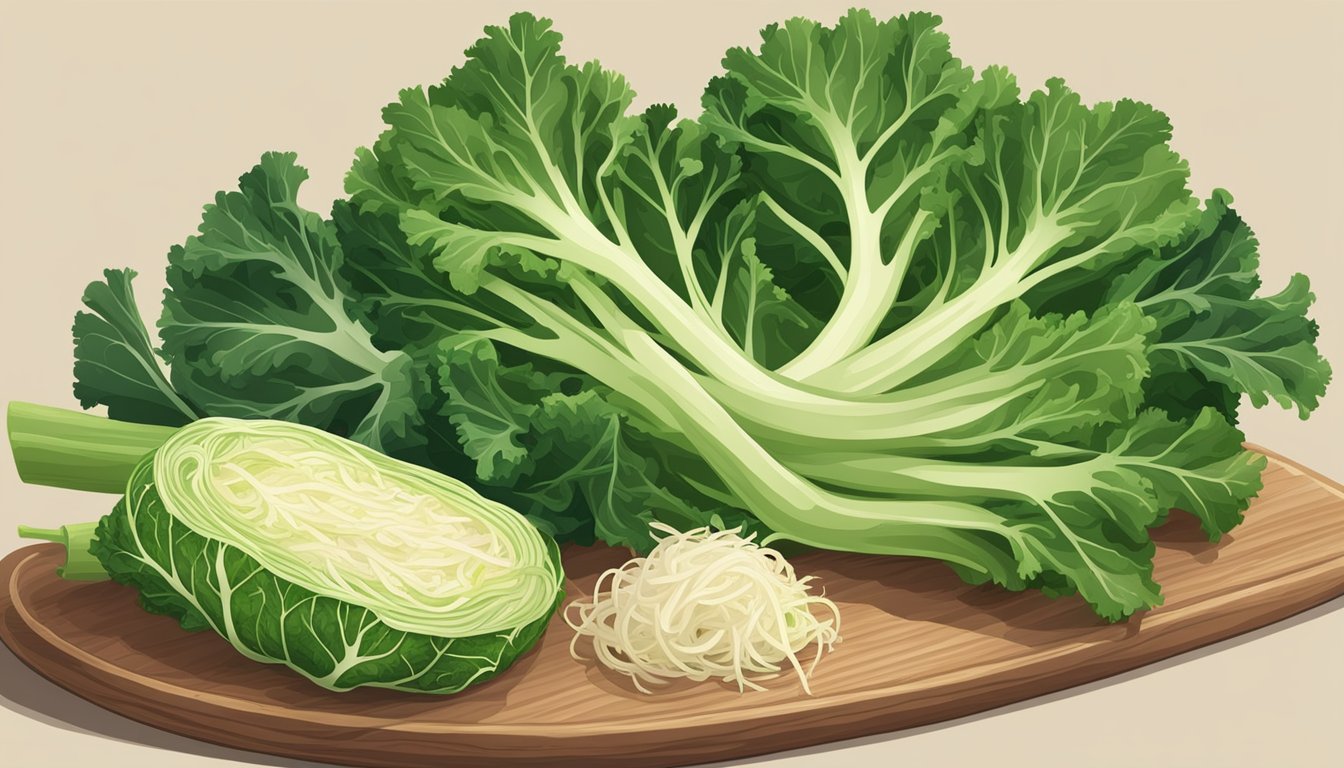 Kale stems and sauerkraut arranged on a cutting board