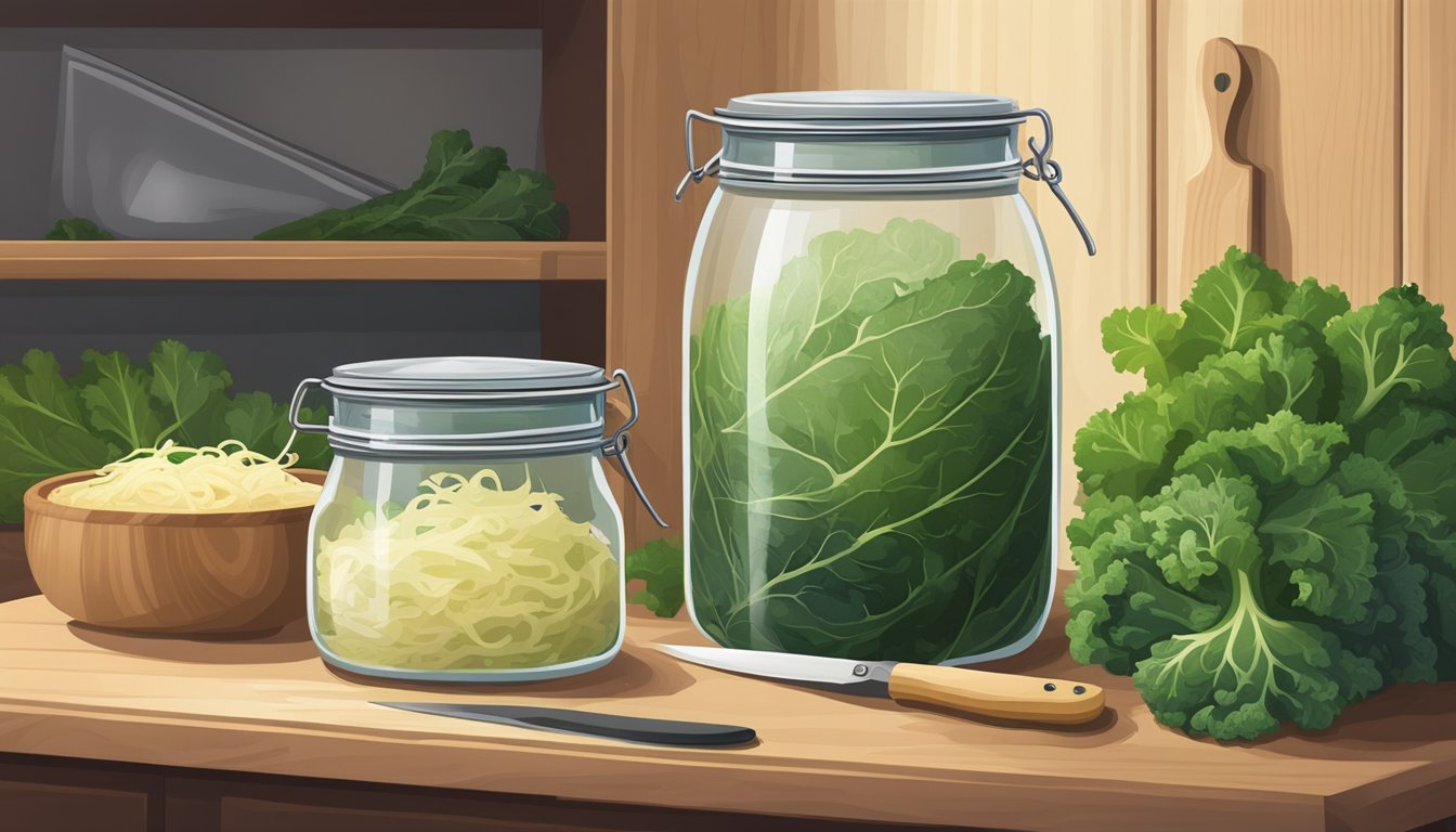 A jar of sauerkraut sits next to a cutting board with a kale stem and a knife. A cupboard is open, revealing storage containers